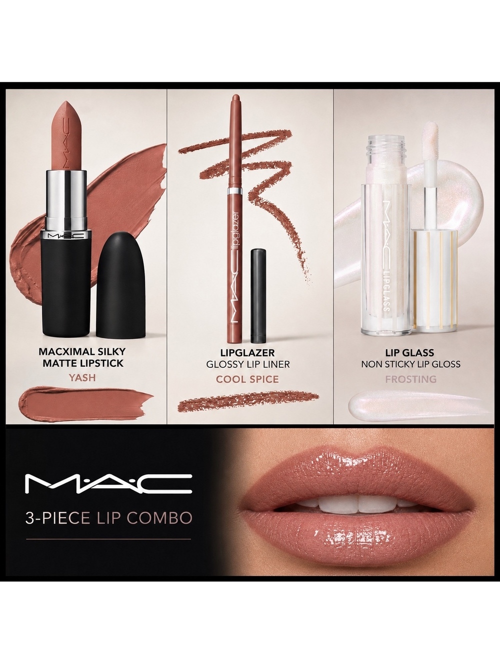 MAC 3 Pc Lip Combo - MACximal Lipstick, LipGlazer Lip Liner & LipGlass Gloss